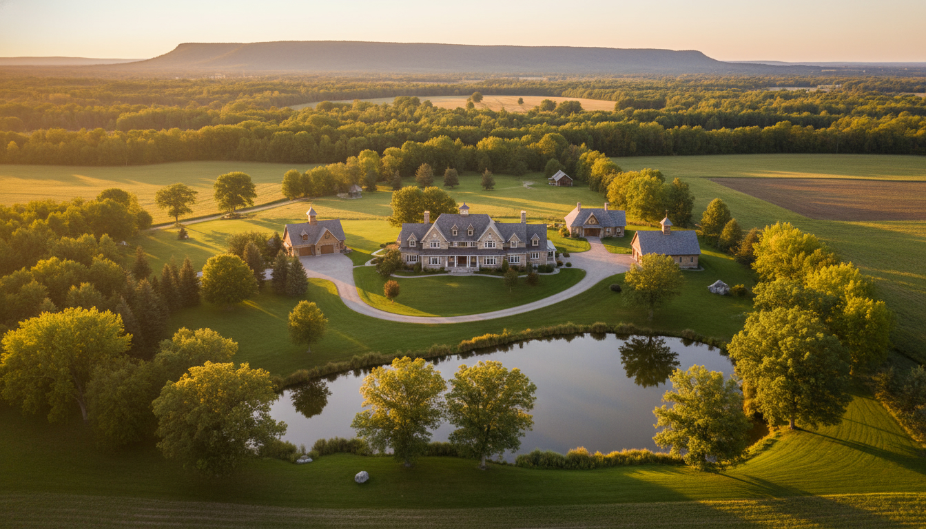 Aerial view of a luxury country home on large acreage near Rockwood/Guelph, Ontario with pond and outbuildings at golden hour.