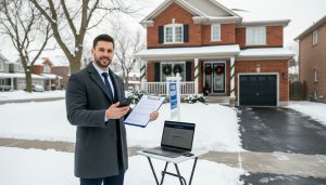 Real estate professional reviewing rental property insurance documents outside a Milton, Ontario house with a For Rent sign in winter.