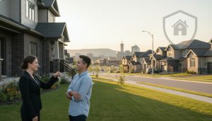 Milton Ontario neighbourhood with real estate agent handing keys; shield icon overlay representing title insurance