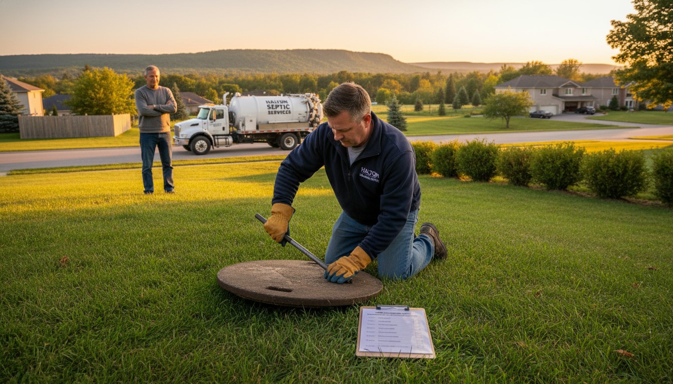 Septic system inspection in a Milton, Ontario backyard with inspector opening a septic tank and Niagara Escarpment in background.