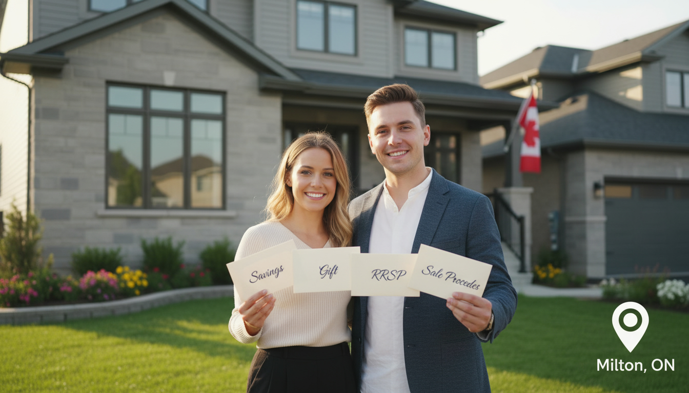 Homebuyers holding labeled envelopes 'Savings', 'Gift', 'RRSP' in front of a suburban Milton, Ontario house with a 'Milton, ON' marker