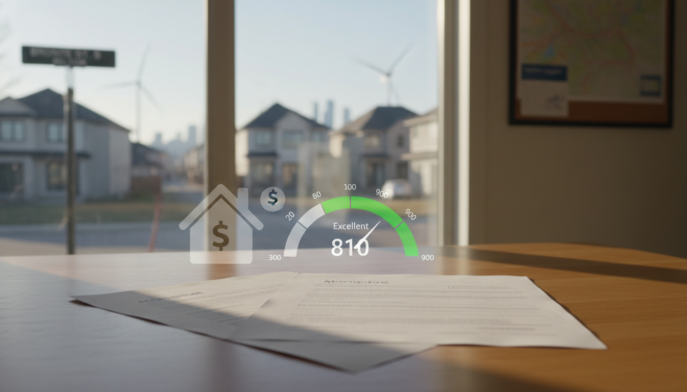 Milton neighborhood with credit score gauge and mortgage papers on a table