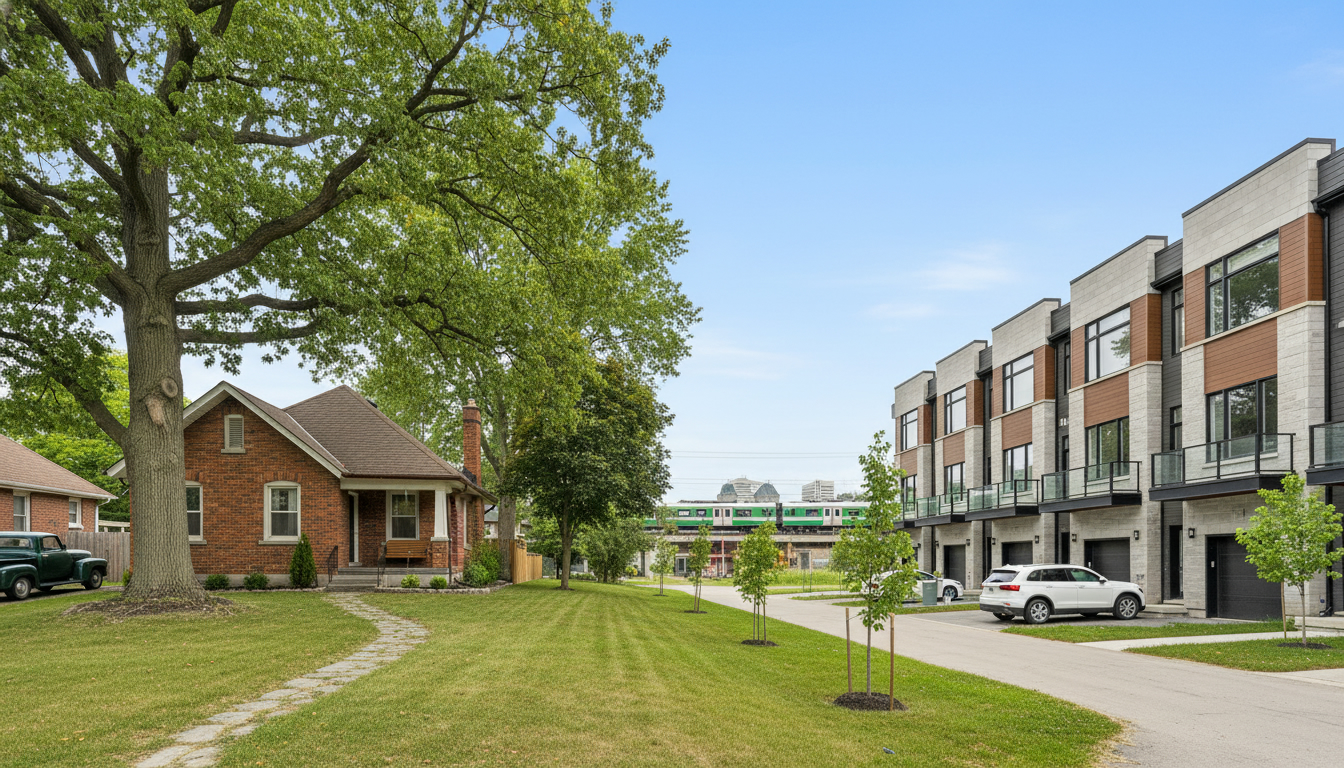 Older brick bungalow and modern townhouses in Milton, Ontario showing difference in home age and style