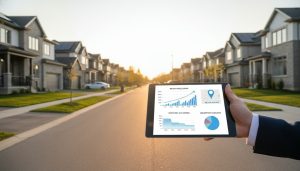 Milton Ontario suburban homes with realtor holding a tablet showing real estate market charts