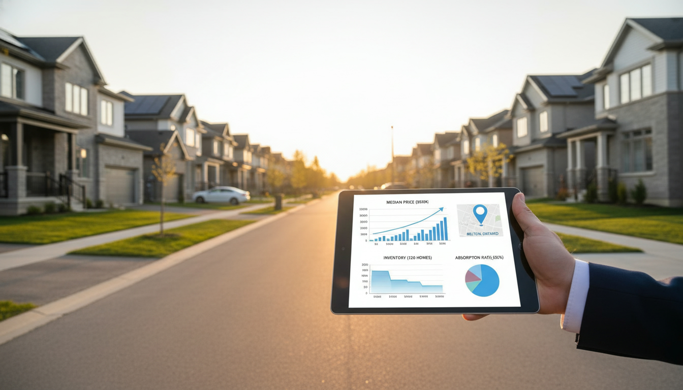 Milton Ontario suburban homes with realtor holding a tablet showing real estate market charts
