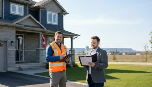 Home inspector and appraiser reviewing a suburban Milton, Ontario house exterior with documents and tablet