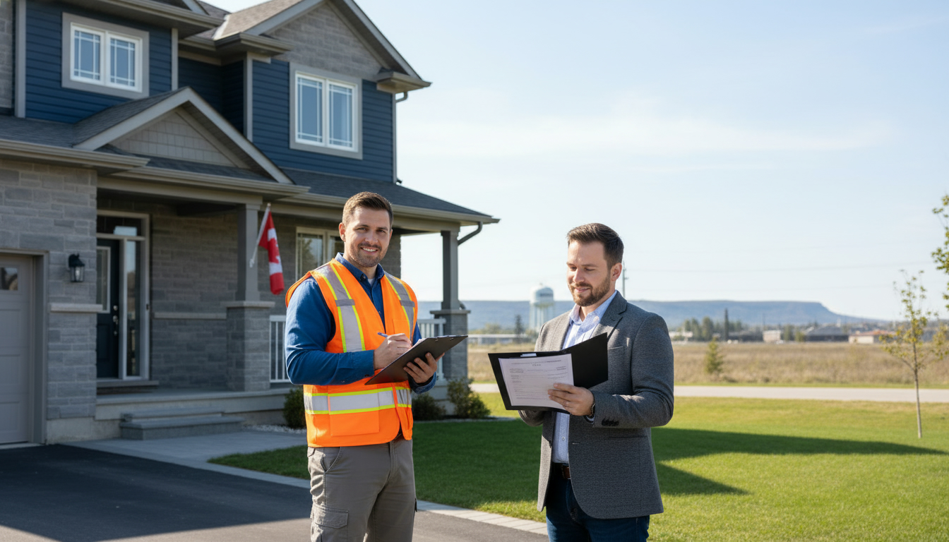 Home inspector and appraiser reviewing a suburban Milton, Ontario house exterior with documents and tablet