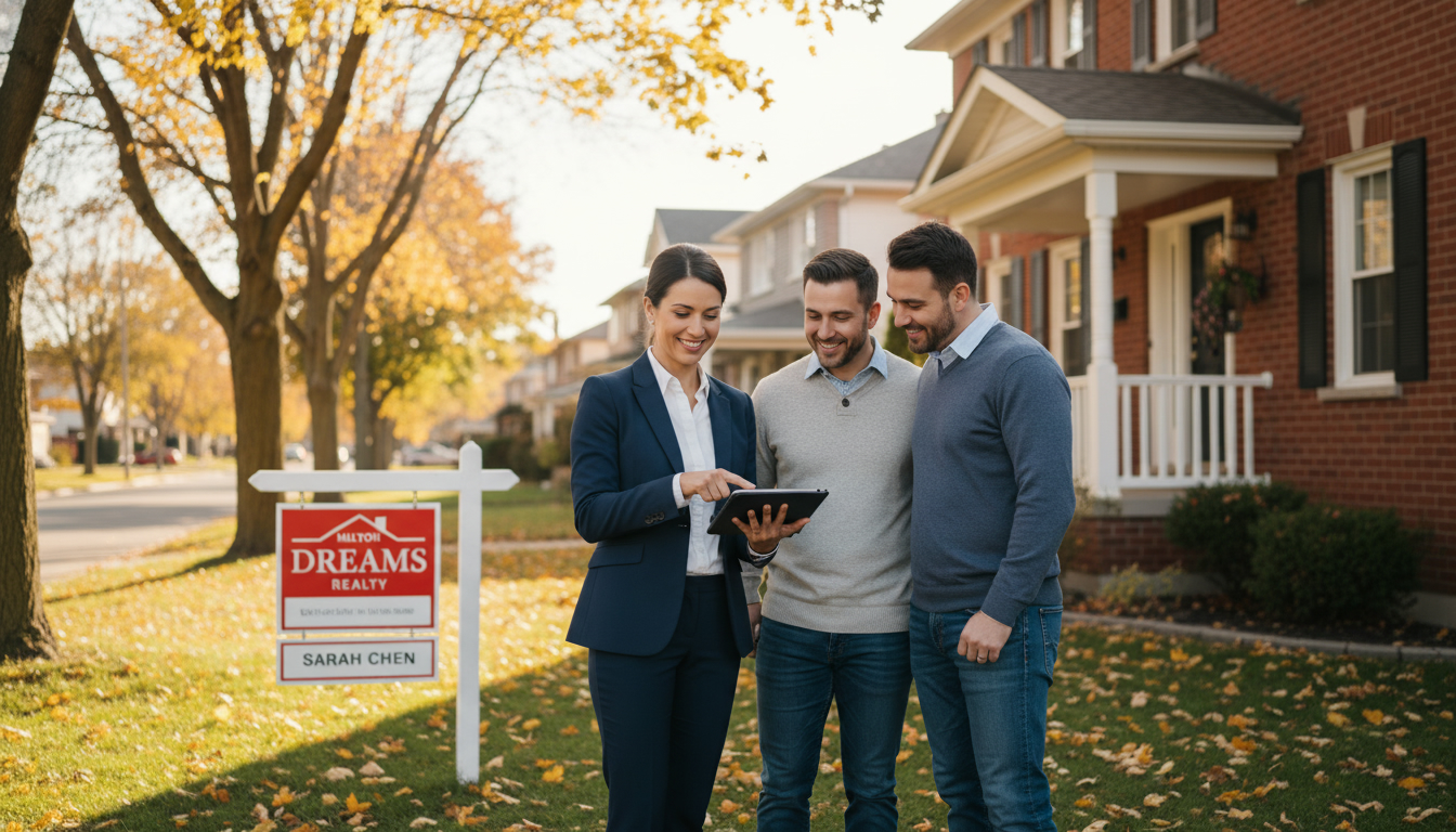 Realtor consulting with sellers in front of a Milton, Ontario home with For Sale sign