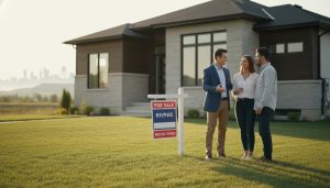 Realtor discussing offers with a young couple in front of a Milton, Ontario home for sale
