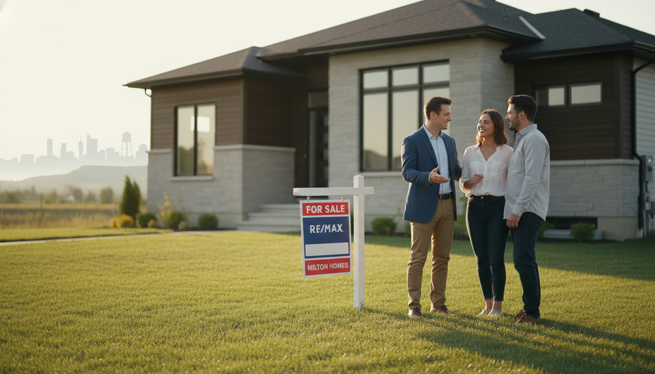 Realtor discussing offers with a young couple in front of a Milton, Ontario home for sale