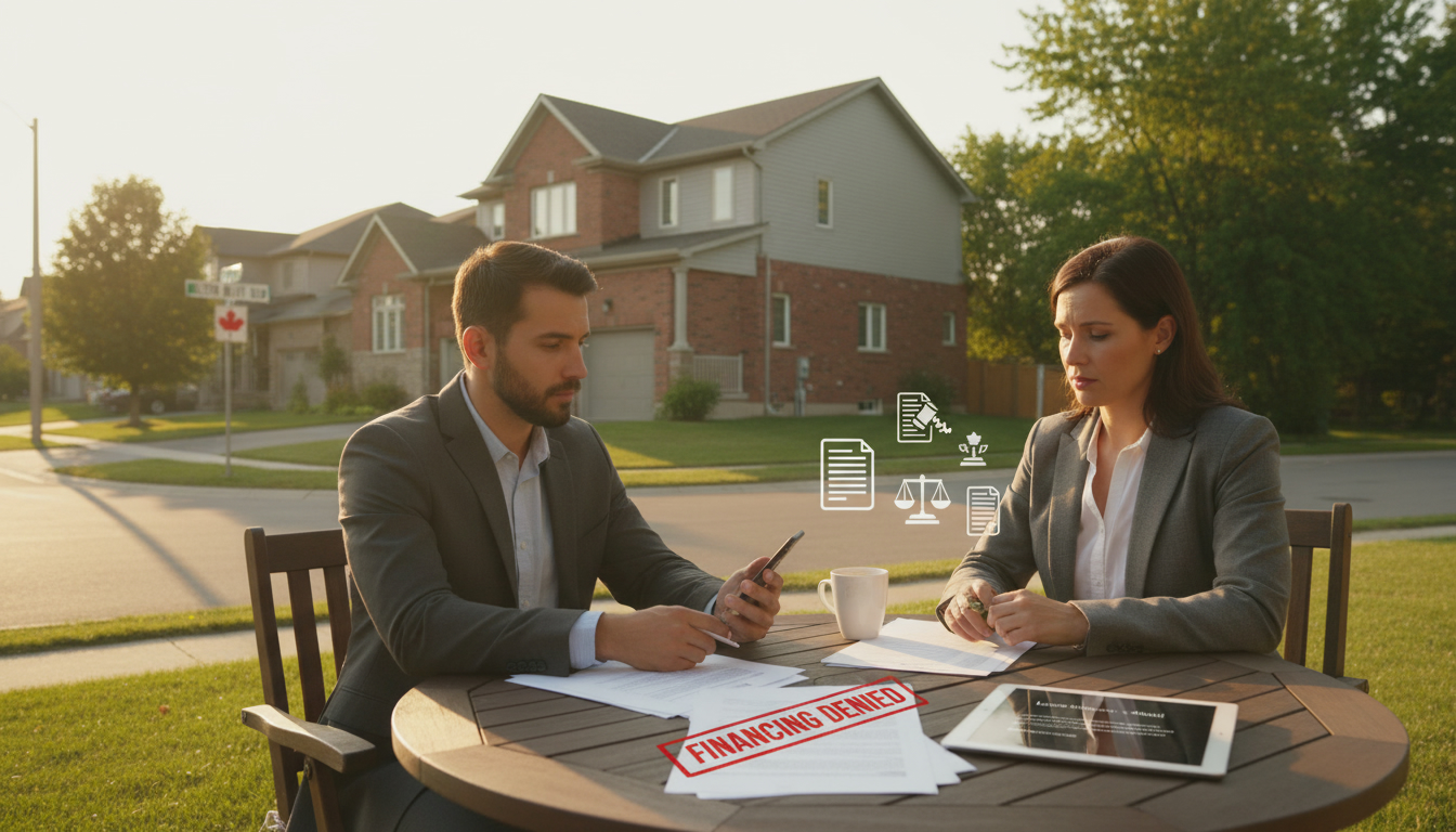 Milton home, realtor and buyer reviewing a contract stamped 'FINANCING DENIED', lender email on phone.