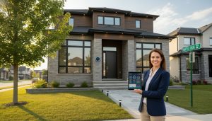 Modern Milton home with smart doorbell, outdoor security camera, and realtor holding tablet displaying smart home controls.