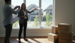 Realtor conducting final walkthrough with buyer recording video, checklist and moving boxes in a Milton, Ontario neighborhood.