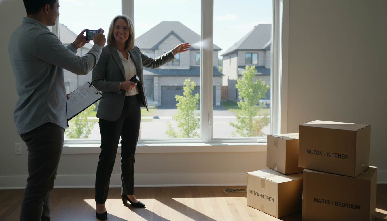 Realtor conducting final walkthrough with buyer recording video, checklist and moving boxes in a Milton, Ontario neighborhood.