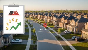 Milton Ontario neighborhood with insurance clipboard overlay showing claim and rising premium