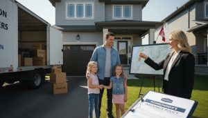 Family moving into new Milton Ontario home with insurance documents and REALTOR handing keys