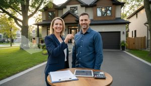 Realtor handing keys to buyer with closing documents outside a Milton, Ontario home