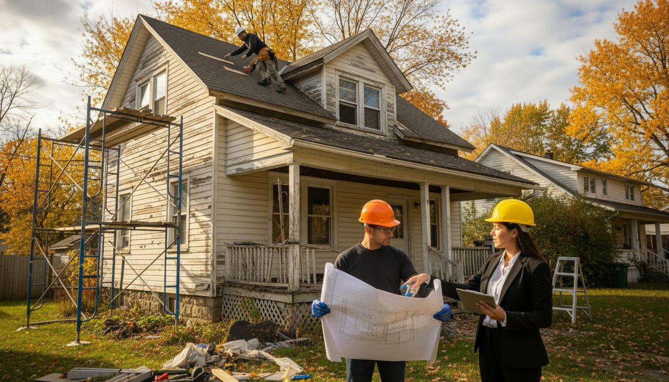 Realtor and contractor inspecting a Milton fixer-upper house with blueprints and clipboard