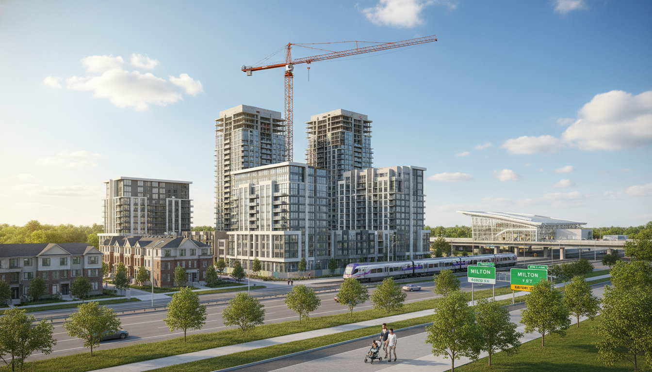 Pre-construction condo development in Milton Ontario with nearby GO station and commuter in foreground