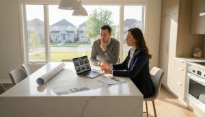Homeowner and real estate agent discussing listing documents at a kitchen table in Milton, Ontario with MLS printouts and a local map visible.