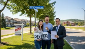 Buyers receiving house keys outside a modern home in Milton, Ontario on closing day with realtor and paperwork