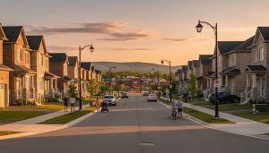 Safe family-friendly neighborhood in Milton, Ontario with sidewalks, homes, and warm evening light