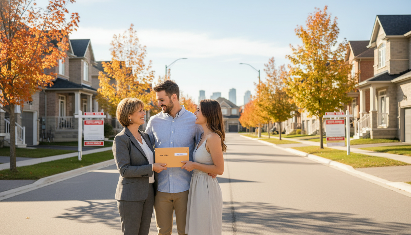 Realtor handing an offer packet to buyers in a Milton, Ontario neighbourhood with a 'For Sale' sign