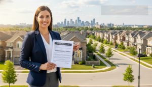 Realtor holding mortgage rate document and keys with Milton, Ontario neighbourhood in background