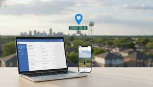 Laptop and smartphone showing Facebook Ads Manager and an Instagram Reel with Milton, Ontario neighborhood in background