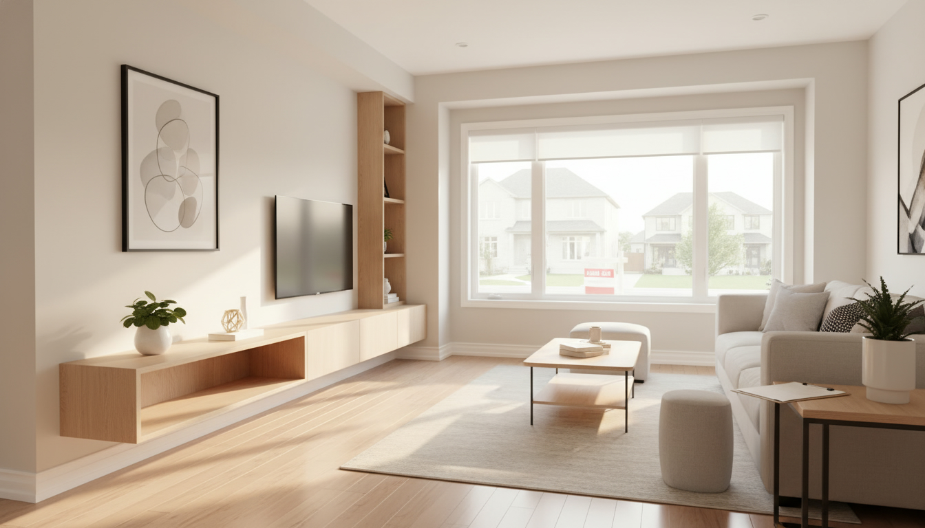 Staged, spotless living room with sunlight through windows and a subtle 'For Sale' sign outside.