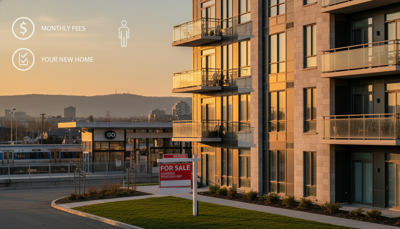 Modern Milton condominium building with for sale sign and infographic overlay showing condo fees and checklist.