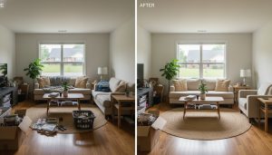 Before-and-after decluttered living room in a Milton, Ontario home, showing cluttered vs staged interior.