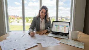 Realtor reviewing multiple offers and a spreadsheet at a kitchen table in a Milton home