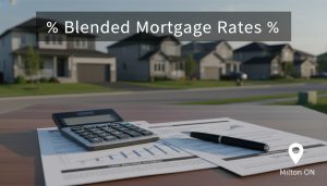 Calculator and mortgage documents on a table with Milton, Ontario suburban homes in the background and text 'Blended Mortgage Rates'.