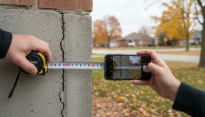 Close-up of concrete foundation crack with tape measure and smartphone documenting it at a Milton, Ontario home exterior.
