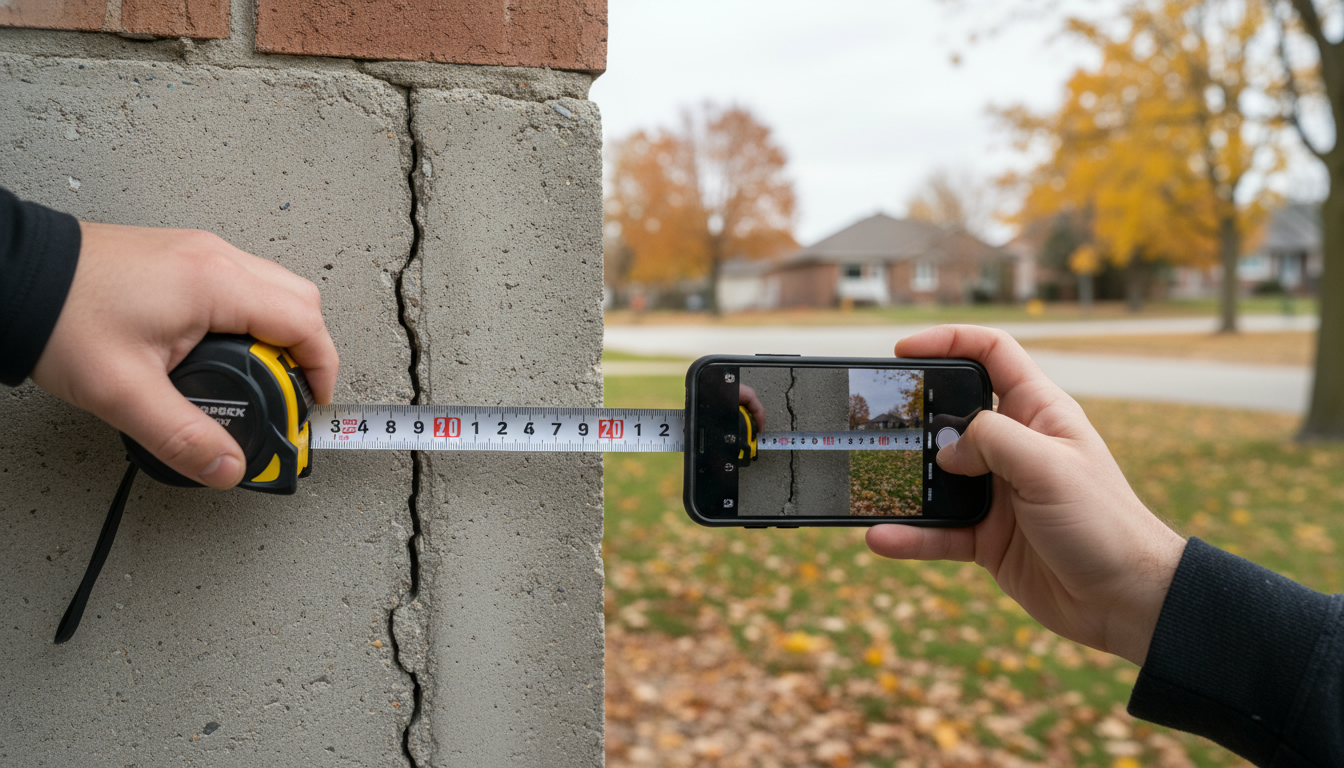 Close-up of concrete foundation crack with tape measure and smartphone documenting it at a Milton, Ontario home exterior.