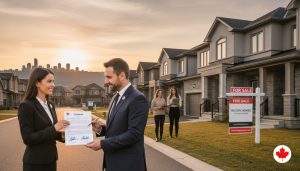 Homeowner switching real estate agents in Milton, Ontario with agents exchanging signed contract in front of suburban houses