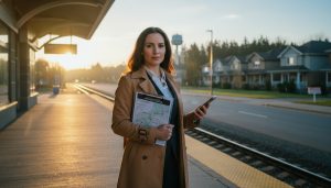Real estate agent at Milton GO station holding clipboard and phone, calm and focused during slow market