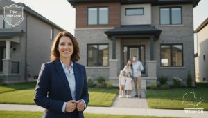 Realtor presenting keys to a family in front of a Milton, Ontario home with a shield icon labeled Title Insurance