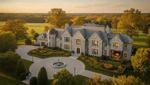 Luxurious stone estate home in Milton, Ontario with manicured grounds and drone view of acreage