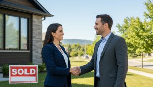 Realtor and homeowner shaking hands in front of a sold sign outside a house in Milton, Ontario.
