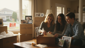 Family packing memory box in living room of a suburban Milton home with For Sale sign outside