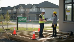 Home renovation in Milton Ontario with building permit posted and contractor consulting homeowner