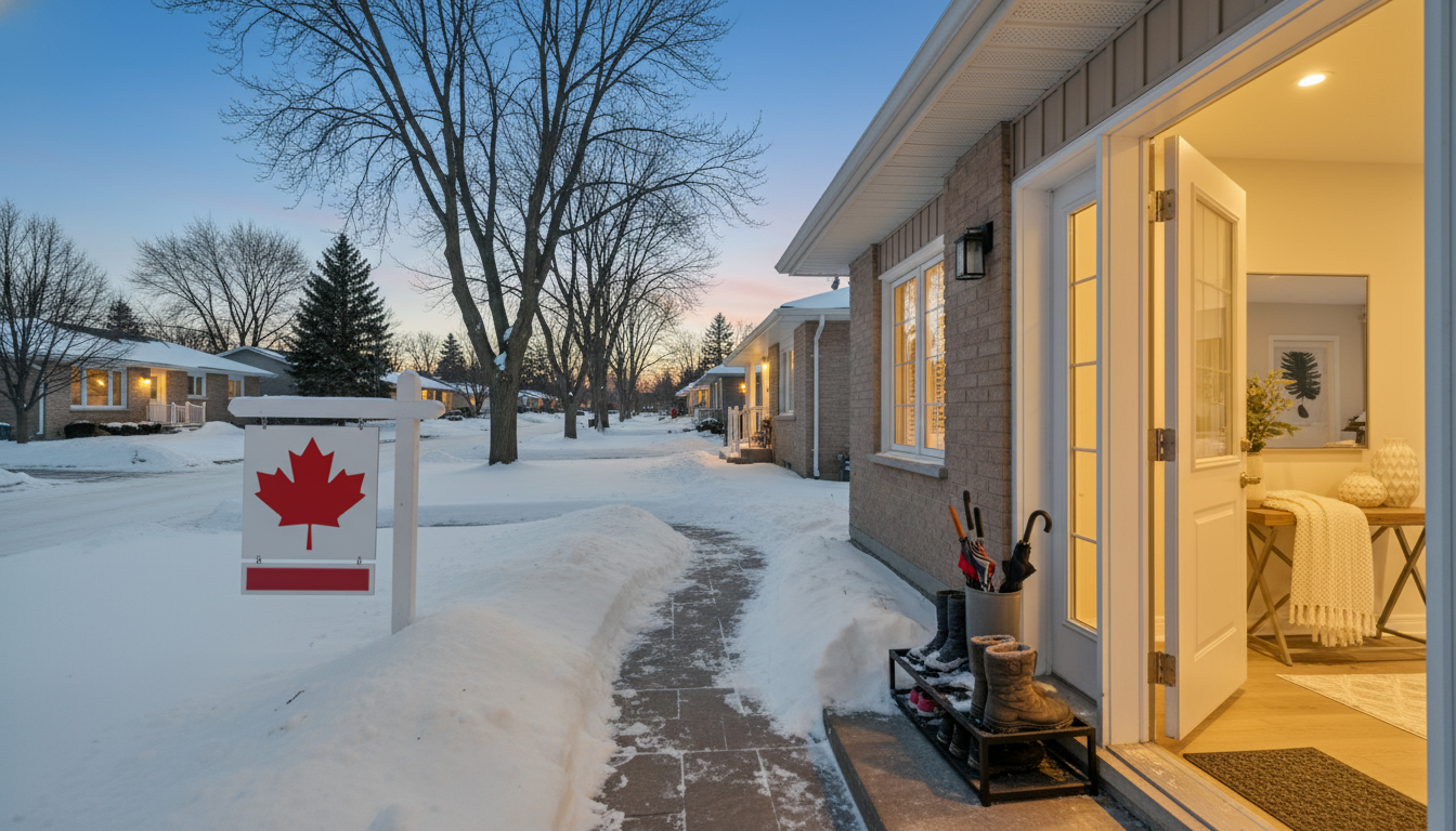 Staged Milton home in winter with cleared path, warm interior lighting, and tidy entryway