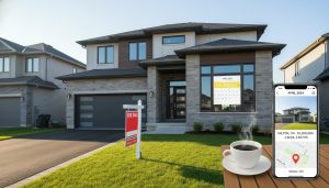 Milton Ontario house for sale with calendar highlighting Thursday and a smartphone showing the online listing