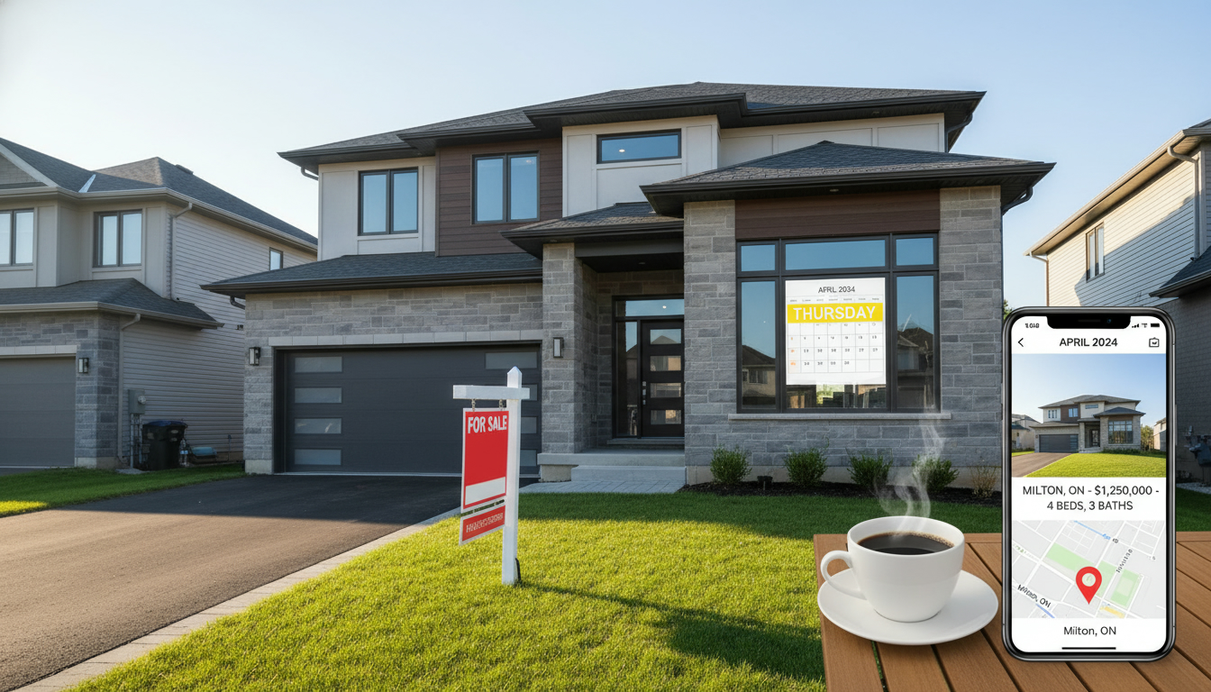 Milton Ontario house for sale with calendar highlighting Thursday and a smartphone showing the online listing