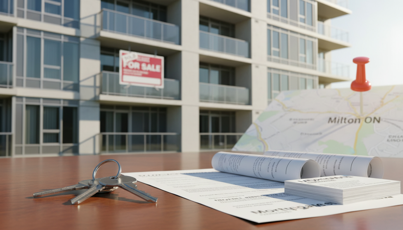 Modern Milton condo building with for sale sign, keys and mortgage documents on a table, map pin indicating Milton ON
