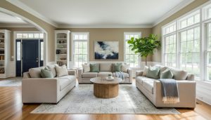 Staged Milton living room with warm greige walls, white trim, neutral furniture, and a navy front door visible.