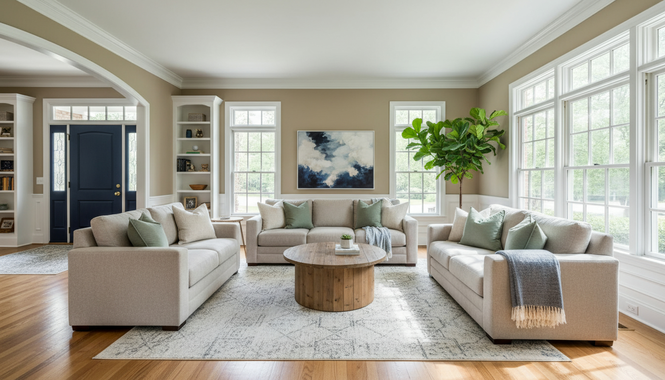 Staged Milton living room with warm greige walls, white trim, neutral furniture, and a navy front door visible.