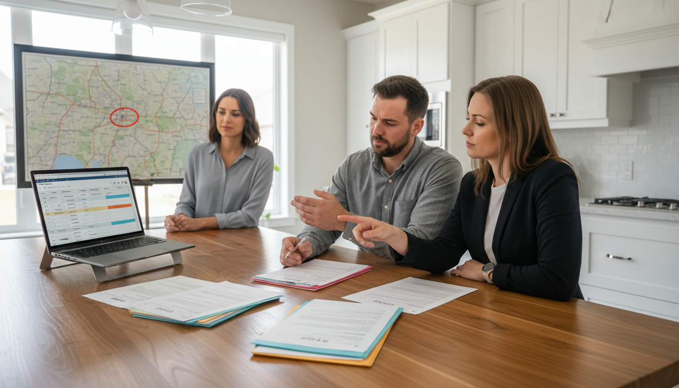 Realtor and homeowners in a Milton home reviewing multiple offers and a net-proceeds spreadsheet